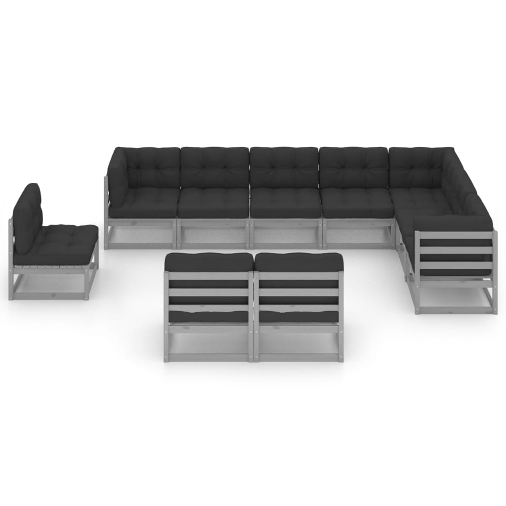 10-tlg. Garten-Lounge-Set mit Kissen Grau Kiefer Massivholz